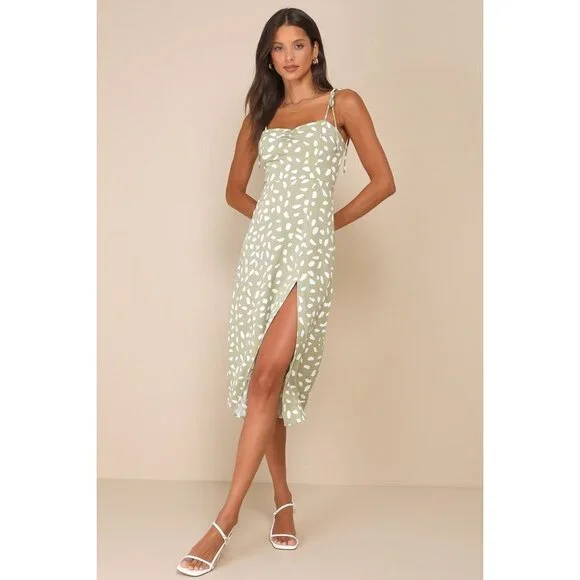 Lulus Party In Paris Sage Green Print Tie-strap Midi Dress - Size L - Picture 1 of 4